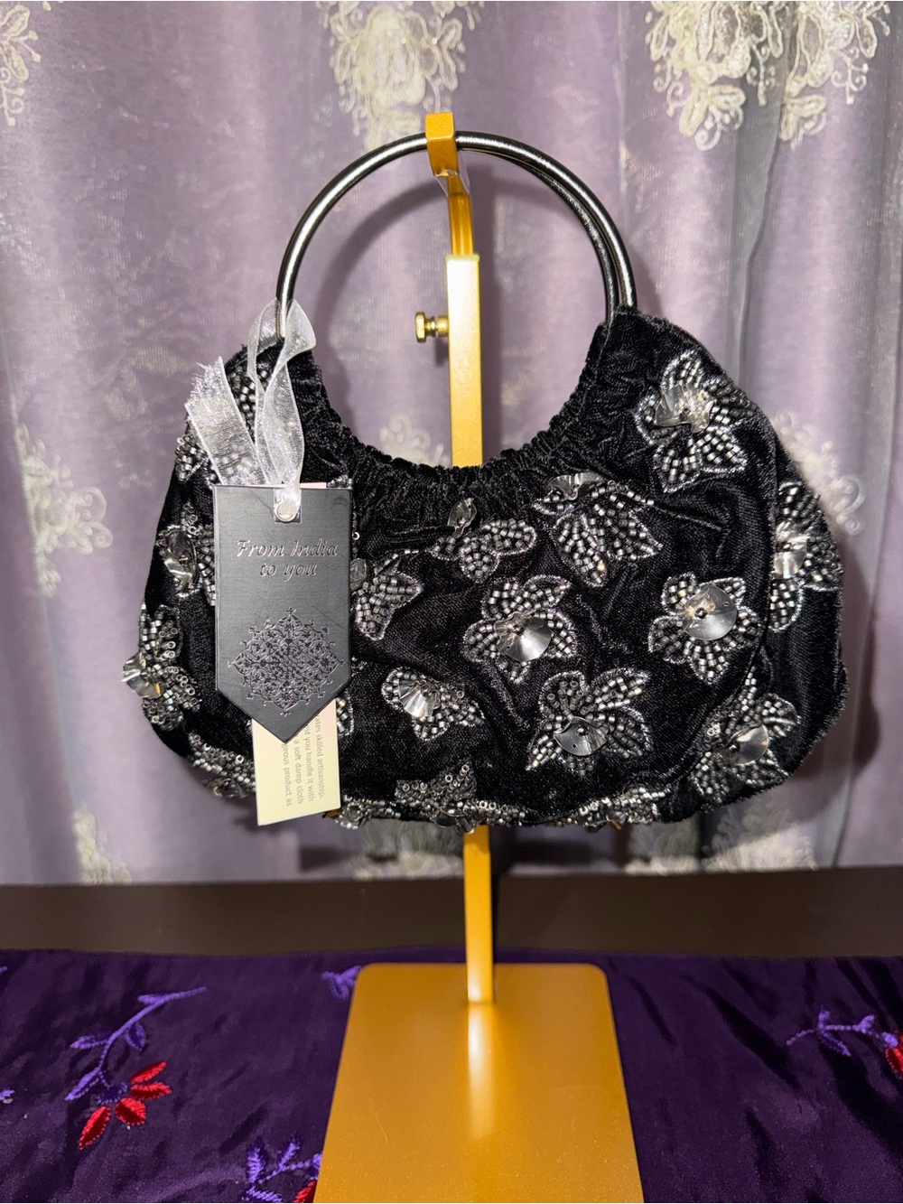 NWT From India To You Black Silver 3D Floral Beaded Bag
